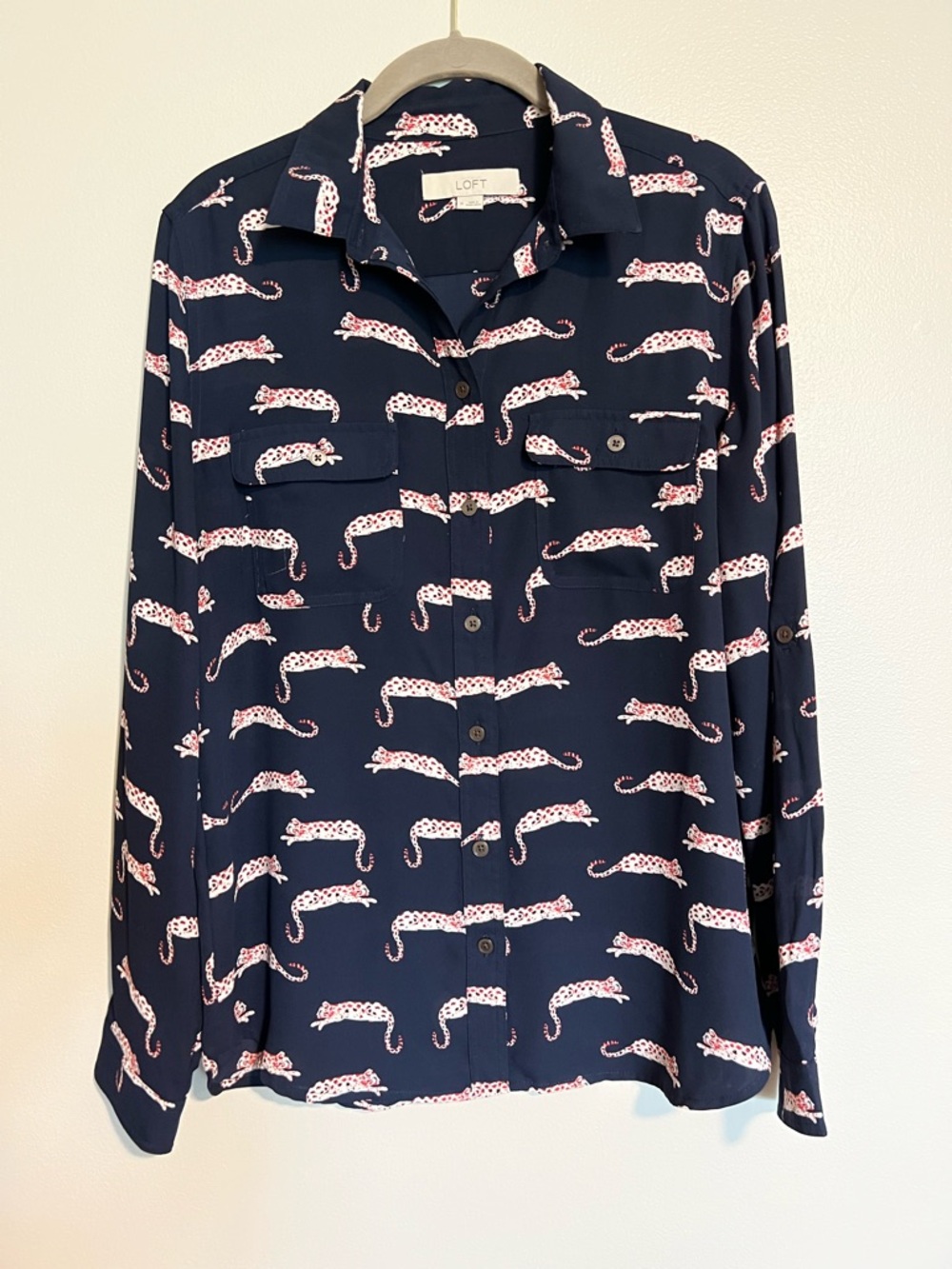LOFT Navy Shirt with Pink and White Leopard Print